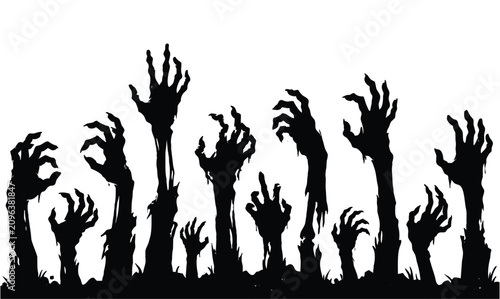 Creepy zombie hands rising from the ground silhouette Halloween vector illustration