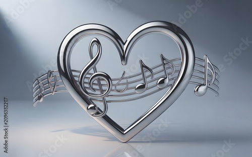 A gleaming silver heart embracing musical staff, clef, and notes under a cool, ambient studio light