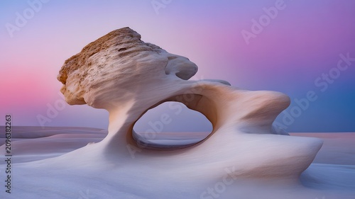 A beautifully eroded white rock formation with a natural arch stands under a vibrant twilight sky
