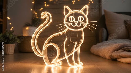 A charming glowing outline of a cat light illuminates a cozy room filled with warm string lights
