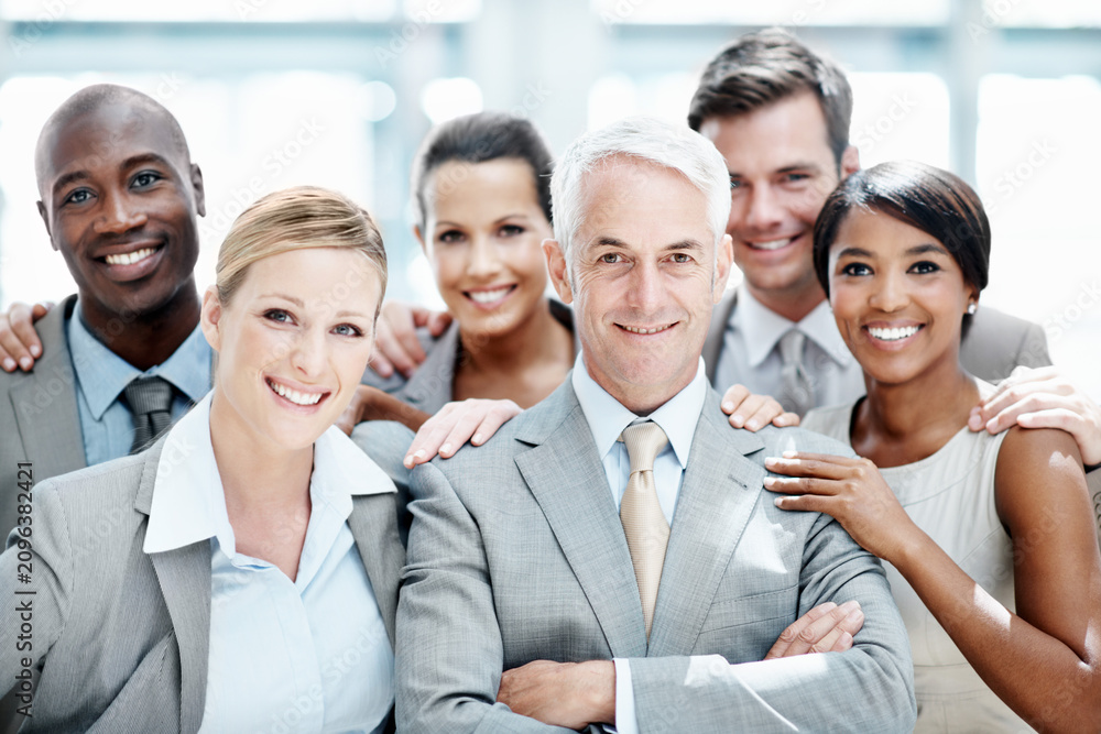 Fototapeta premium Corporate, portrait and business people in office for team support, partnership and about us for insurance. Lobby, happy and men with woman for solidarity, trust and assurance for asset management