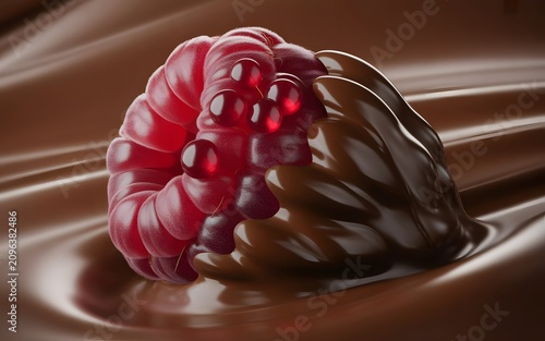 A fresh ripe red raspberry being gracefully dipped into swirling melted chocolate
