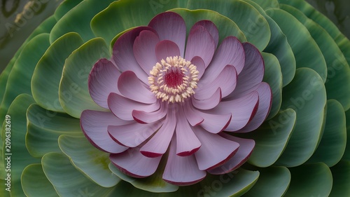 A perfectly symmetrical vibrant purple and pink lotus like flower with many petals from above
