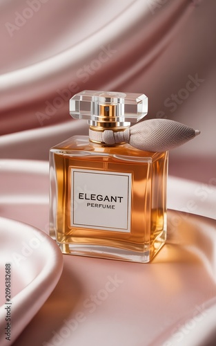 An elegant square glass perfume bottle with a golden cap rests on luxurious pink satin fabric