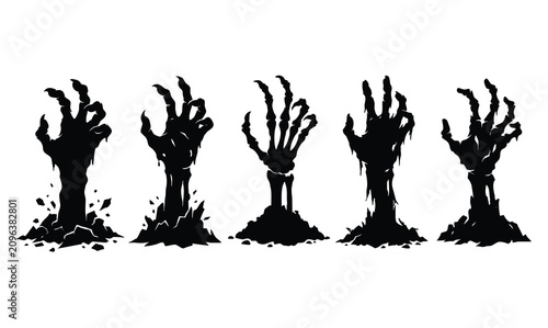 Foto Creepy zombie hands rising from the ground silhouette Halloween vector illustrat