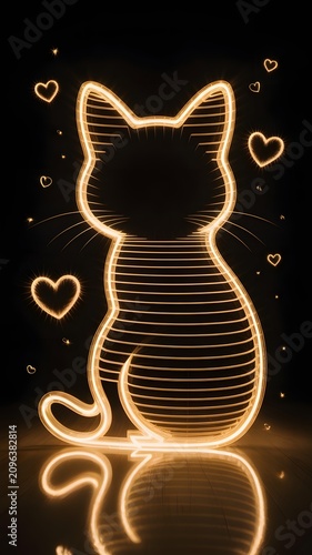 An elegant glowing neon outline of a sitting cat with sparkling heart shapes on a dark reflective surface