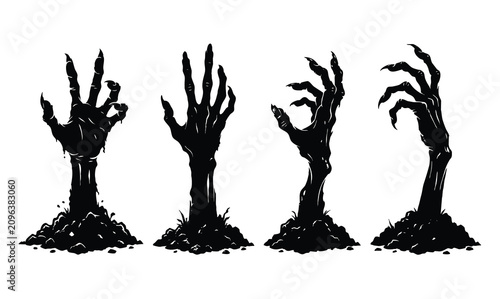 Quadro su tela Creepy zombie hands rising from the ground silhouette Halloween vector illustrat