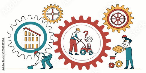 Workers collaborate on industrial tasks involving large mechanical gears and complex machinery in a busy workshop.