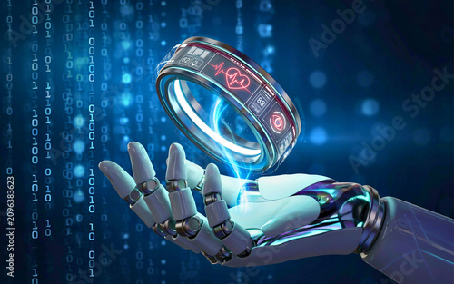 Robotic Hand Holding a Futuristic Health Tracking Smart Ring with Digital Data Interface for Advanced Bio-metric Monitoring