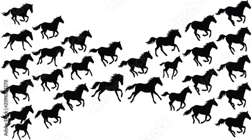 Photos Black silhouette collection of many wild horses running together in a dynamic st