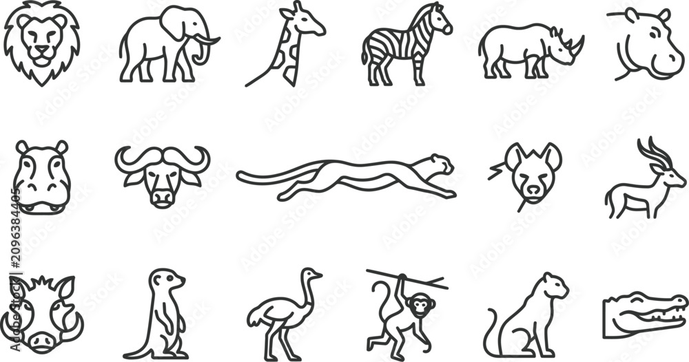 Fototapeta premium Professional vector illustration set featuring various wild african animals designed with clean minimalist black line art styles suitable for creative projects requiring modern animal icons and nature
