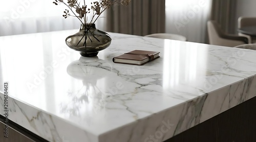 Clean marble kitchen island surface with decorative vase and notebook
