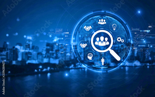 Digital Human Resources Recruitment Technology Concept with Global Talent Search Interface over City Background