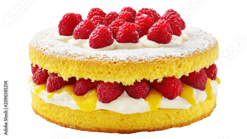 Delicious gourmet raspberry sponge cake with cream filling isolated on white for bakery menu.

