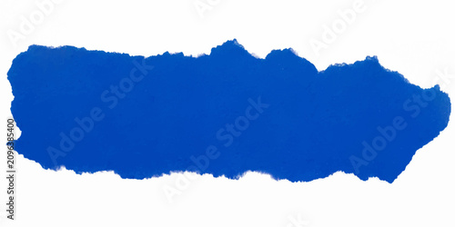 Horizontal blue ripped paper banner strip with highly uneven jagged torn edges isolated on white background