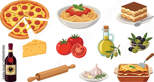 Schilderij op canvas Italian food and traditional cuisine vector set featuring pepperoni pizza spaghe