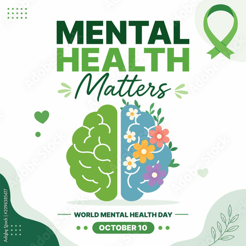 World mental health day poster with brain illustration and flowers october 10 awareness campaign, illustration