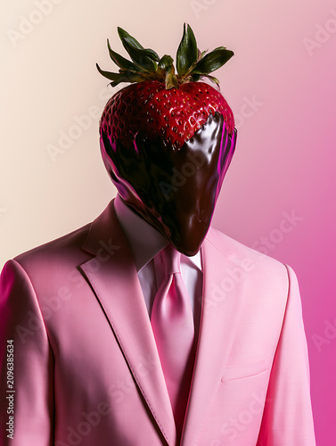A person wearing a bright pink suit, but with a strawberry head replaced