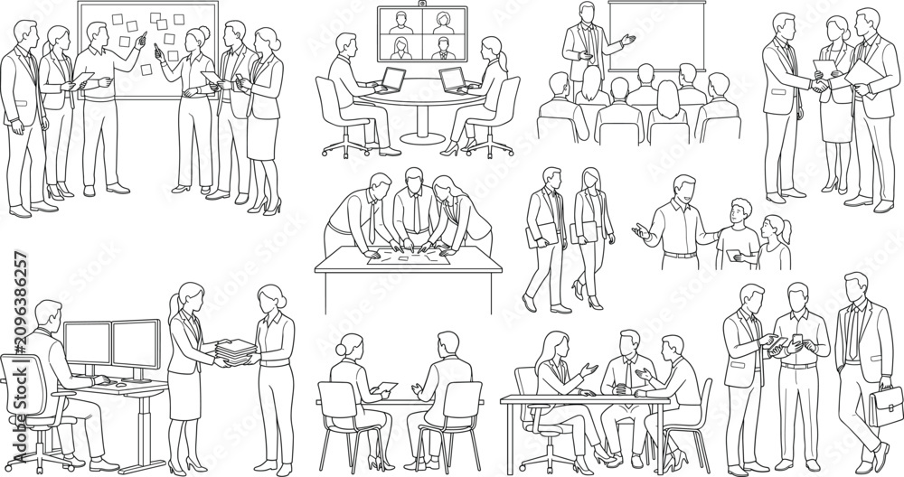 Obraz premium Business Team Collaboration Line Art Collection with Office Meetings Training and Corporate Communication
