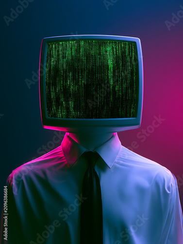 A glowing green digital computer screen replaces the head