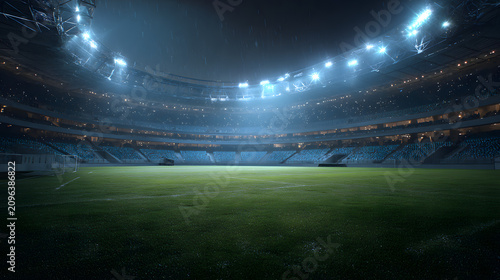 generic championship stadium with illuminated grass and empty seats, photorealistic, studio lighting, high detail, 8k