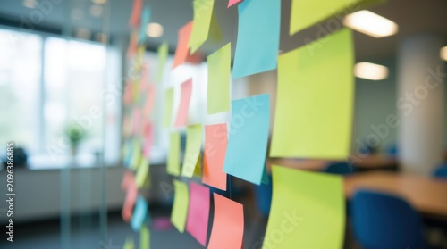 Primer plano de notas adhesivas coloridas en blanco y rotuladores sobre una pared de cristal para lluvia de ideas en un aula contemporánea