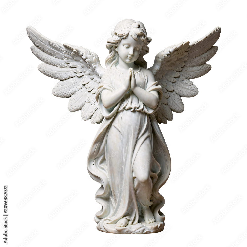 Obraz premium Elegant angel statue with hands clasped in prayer on a white background
