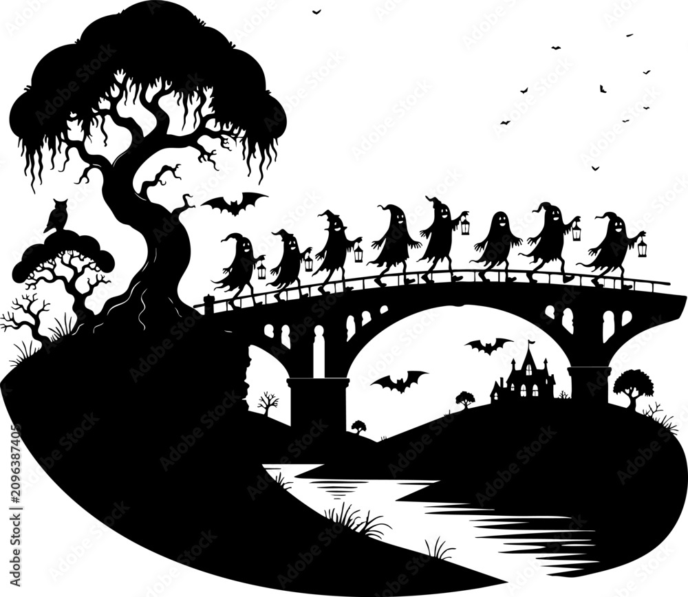 Fototapeta premium Spooky Halloween silhouette landscape with ghosts walking on a bridge vector
