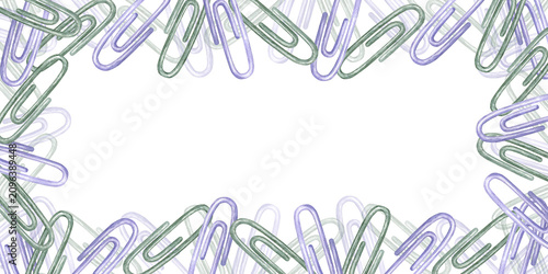 Watercolor frame illustration made of purple and green paper clips, isolated on white. Decorative template of office supplies clipart with copy space for school projects, notes and stationery designs.