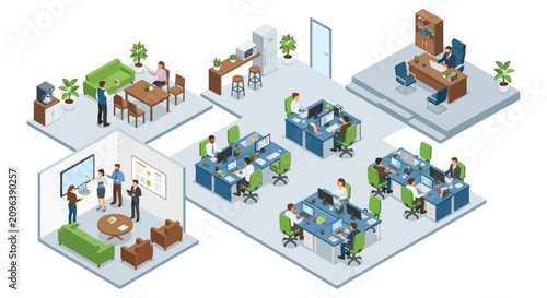 Fotografie Isometric office interior illustration depicts multiple workspaces meeting areas