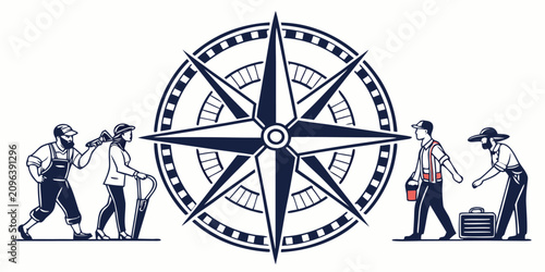 Team members navigate a large compass to symbolize strategic direction and professional coordination.