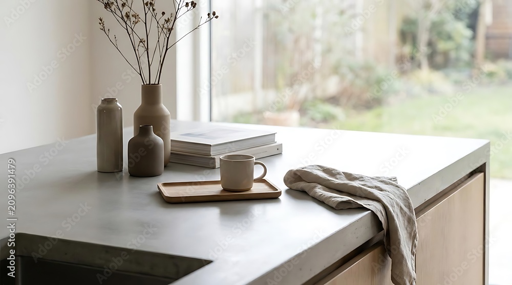 Fototapeta premium Minimalist kitchen counter with ceramic vase and natural light