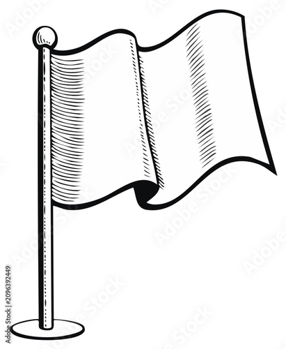 Empty Waving Flag on Pole Black and White Line Art Illustration