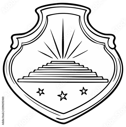 Monochrome shield design depicting ascending stairs glowing light rays and three guiding stars
