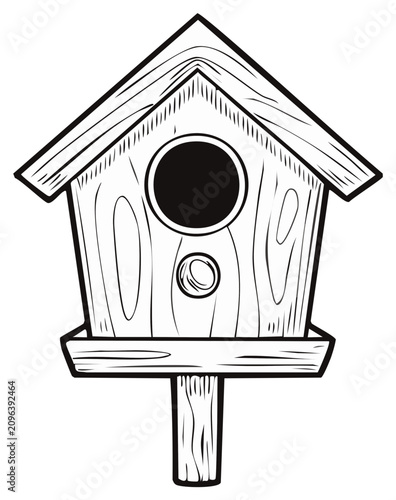 Classic wooden birdhouse illustration with detailed wood grain on a simple stand