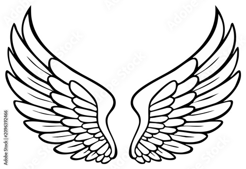 Open Angel Wings in Detailed Black Outline Illustration Style Graphic Elements Wings Design Concept