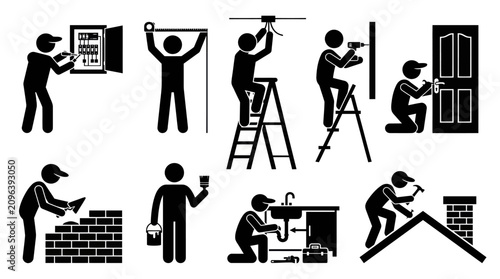 Skilled trade workers performing home renovation and repair tasks.