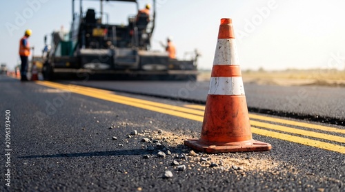 Orange traffic cone standing on newly paved asphalt road with blurred construction workers and heavy machinery in background during sunny day
