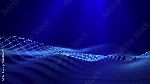 Waves transmit silent codes through a luminous matrix. Particles pulse with digital motion. 3D rendering. Seamless loop.
