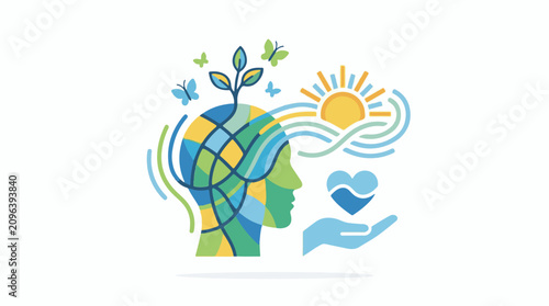 A stylized illustration of a human head with a plant growing out of it surrounded by a heart