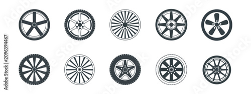 Tableau sur toile Black rubber wheel tire vector set featuring car tire tread tracks, motorcycle r