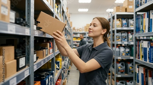 Woman Retrieving Auto Part from Warehouse Shelf in Industrial Setting