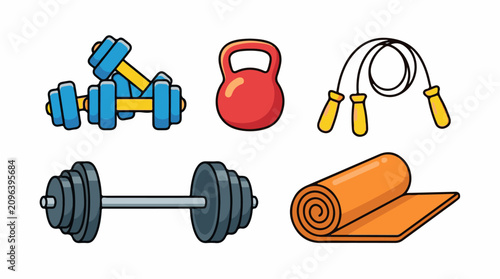 A colorful illustration of five exercise equipment items including dumbbells kettlebell jump rope barbell and yoga