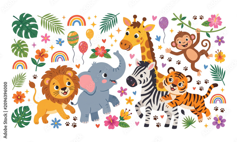 Fototapeta premium Cute Jungle Animals Cartoon Background Collection Flat Vector Illustration Isolated on White Background