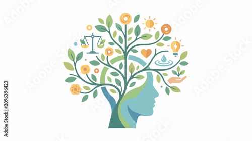 A stylized illustration of a human head with a tree growing out of it symbolizing growth and harmony with nature featu