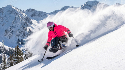 Determined adaptive skier with sit ski setup carving down steep pristine powder slope