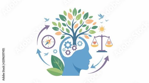 A blue human head with a tree growing out of it surrounded by symbols of balance and growth