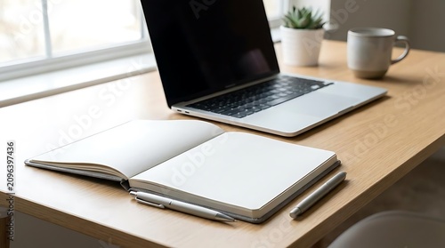 Modern desk setup with open notebook and laptop for productivity