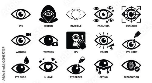Collection Of Black And White Eye Icons With Related Symbols