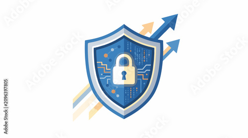 A blue shield with a padlock and circuit board design surrounded by arrows (1)